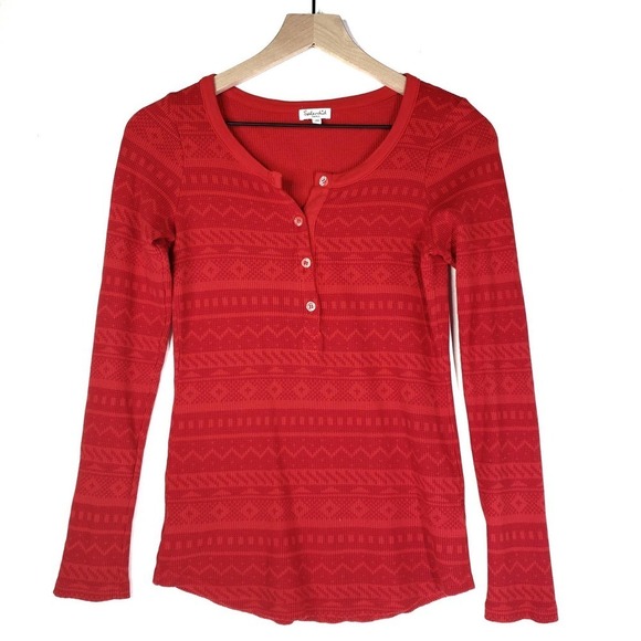 Splendid Nordic Thermal Henley S Red Waffle Long‎ Sleeve Top Fairisle - Picture 1 of 5